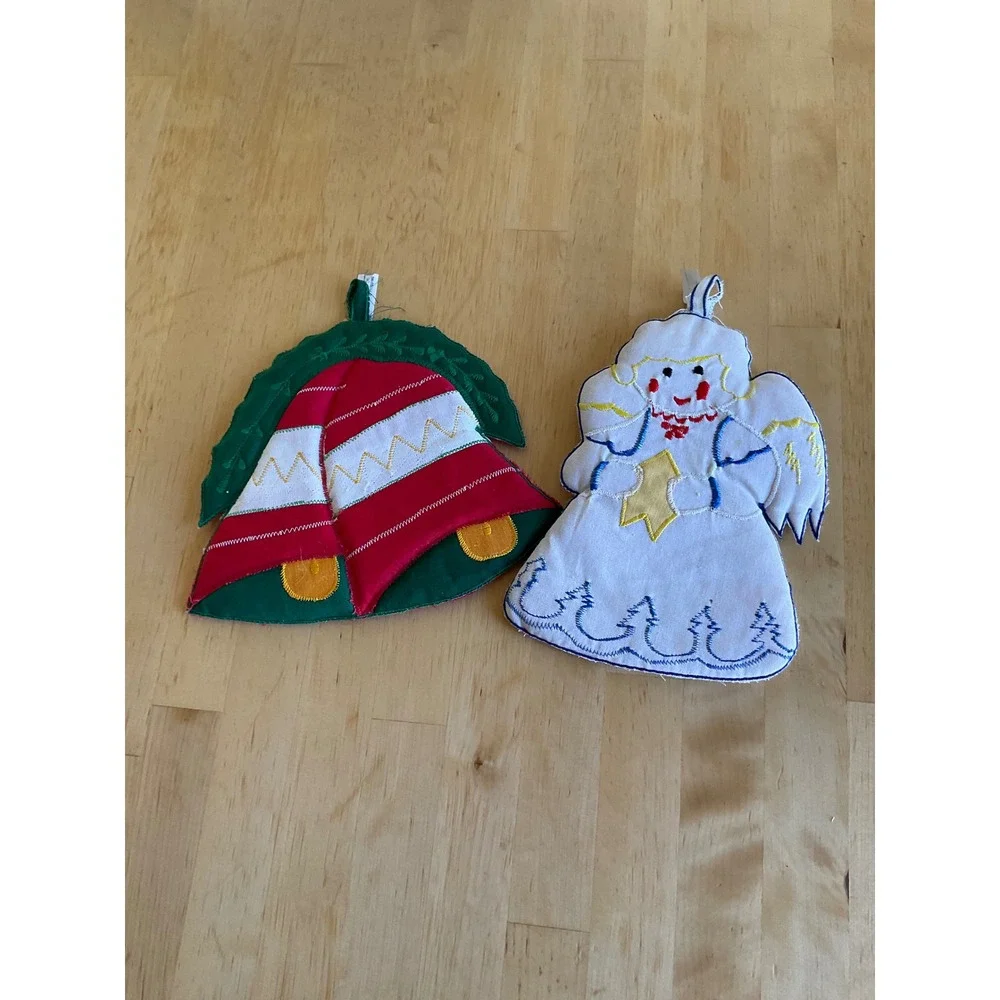 Vintage Christmas Potholder Set Angel and Bells Embroidered Cotton RN 67692